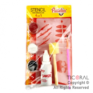 SET MAQUILLAJE HALLOWEEN (3 maquillaje+ 1 sangre + 1set stencil huesos+ 1 pincel + 1 taponador)